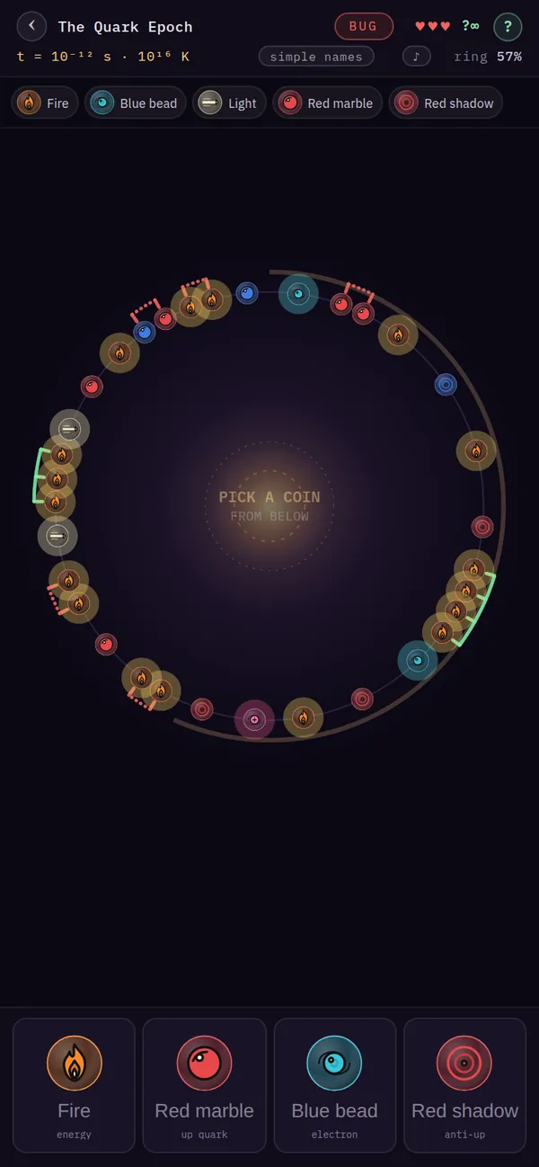 The ring in the quark epoch, a fraction of a second after the Big Bang: fire, marbles and beads of light